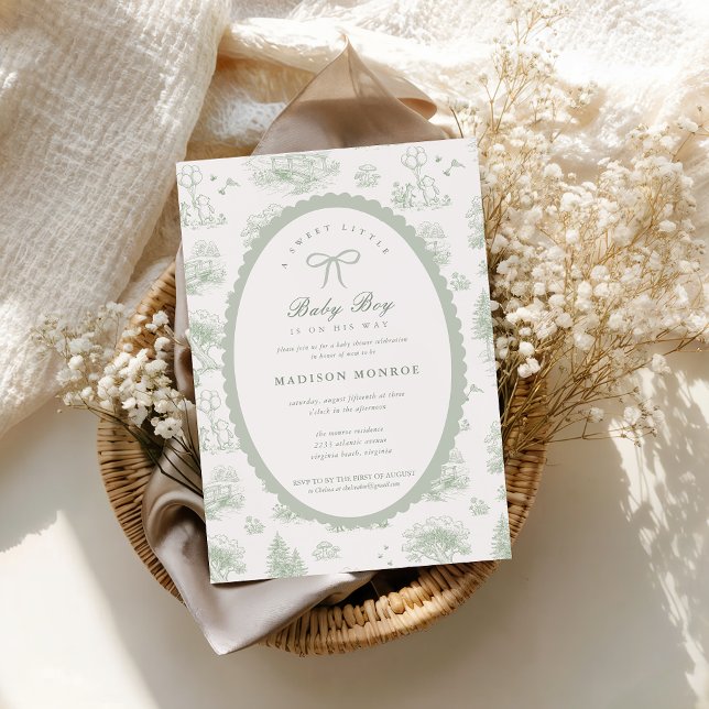 Woodland Toile Storybook Bow Baby Shower  Invitation (Woodland Toile Sage Green Bow Baby Shower Invitation)