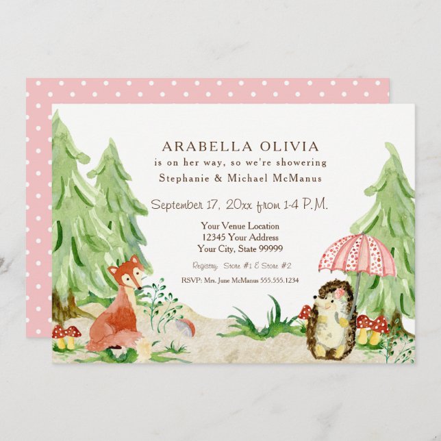 Woodland Tree Forest Fox Hedgehog Girl Baby Shower Invitation (Front/Back)