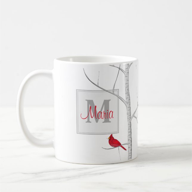 Woodland Tree Red Winter Bird Rustic Monogram Coffee Mug (Left)