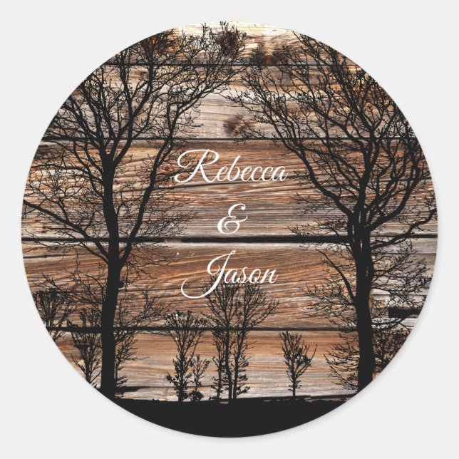 Woodland Tree Silhouette On Barn Board Classic Round Sticker (Front)