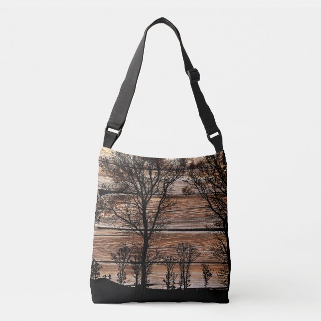 Woodland Tree Silhouette On Barn Board Crossbody Bag (Front)
