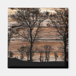 Woodland Tree Silhouette On Barn Board Magnet