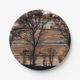 Woodland Tree Silhouette On Barn Board Paper Plate