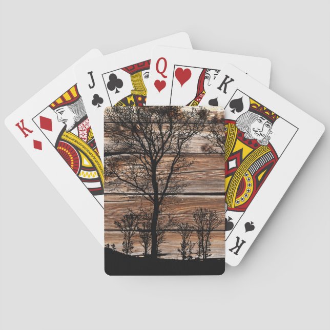 Woodland Tree Silhouette On Barn Board Playing Cards (Back)