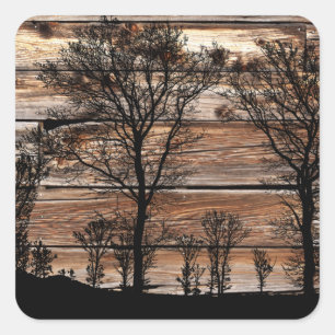 Woodland Tree Silhouette On Barn Board Square Sticker
