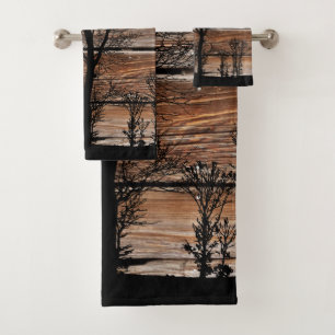 Woodland Tree Silhouette On Barn Board Towel Set