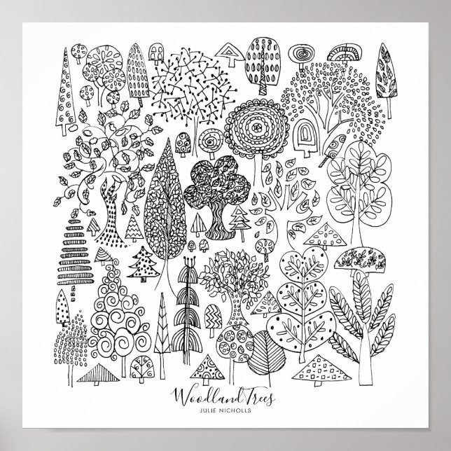Woodland Trees Black and White Illustration Poster (Front)