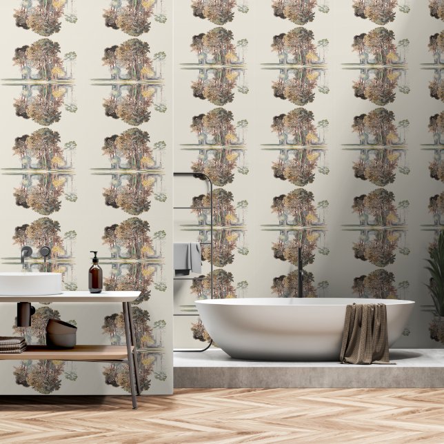 Woodland Trees Brown Peach Reflections Wallpaper (Bathroom)