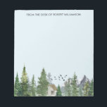 Woodland Trees Watercolor Nature Forest Mountains Notepad<br><div class="desc">Personalised text/name notepad with watercolor painted landscape with mountains,  forest,  and a cabin.</div>
