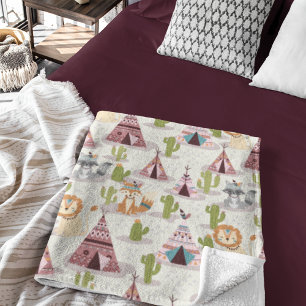 Woodland Tribal Native Americans Seamless Pattern Fleece Blanket