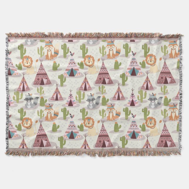 Woodland Tribal Native Americans Seamless Pattern Throw Blanket (Front)