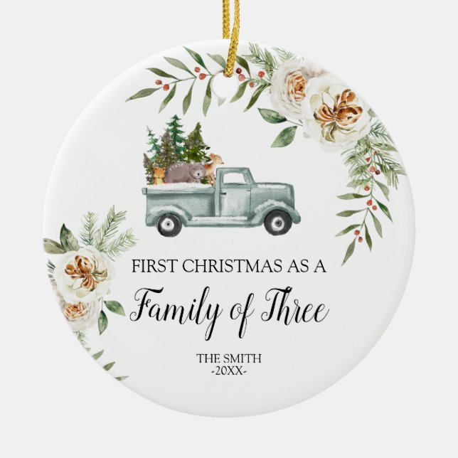 Woodland Truck Christmas Family of three  Ceramic Ornament (Front)
