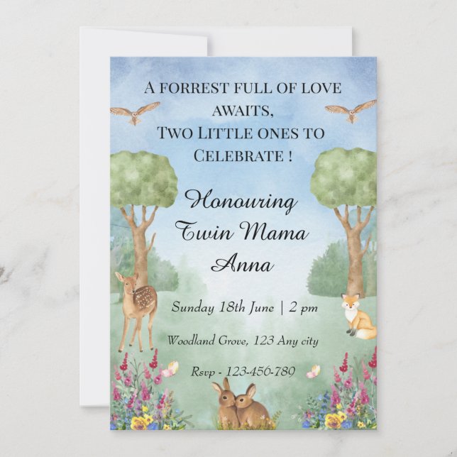Woodland Twin Baby Shower Invitation (Front)