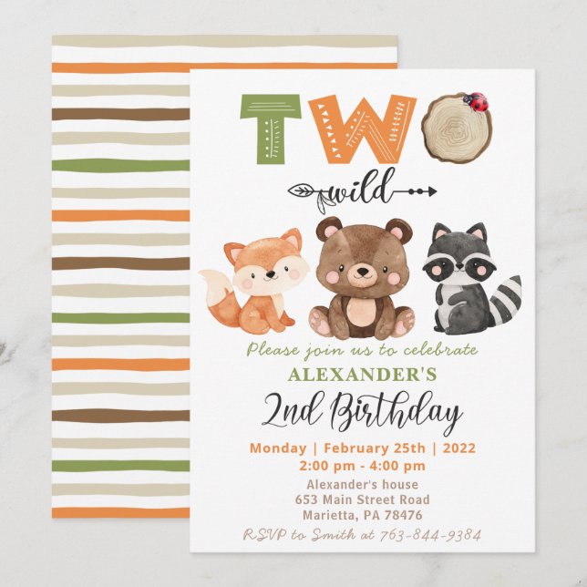 Woodland Two Wild Bear Fox Racoon 2nd Birthday Invitation (Front/Back)