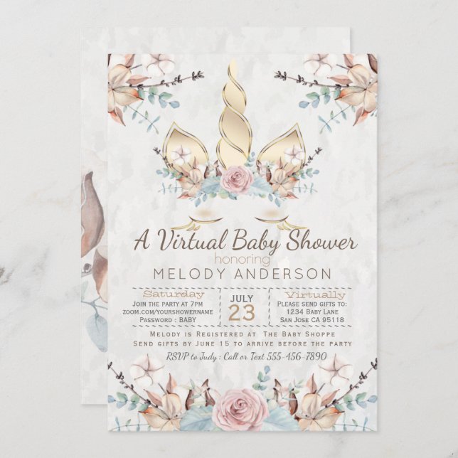 Woodland Unicorn Virtual Baby Shower Gold Invitation (Front/Back)