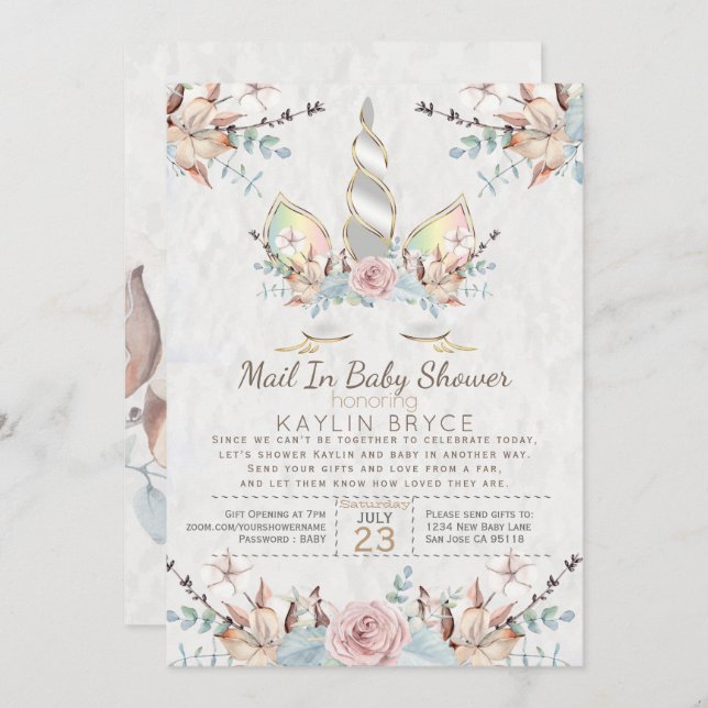 Woodland Unicorn Virtual Baby Shower Kaylin2 Invitation (Front/Back)