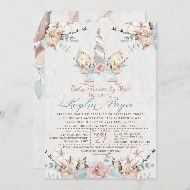 Woodland Unicorn Virtual Baby Shower Kaylin4a Inv Invitation (Front/Back)