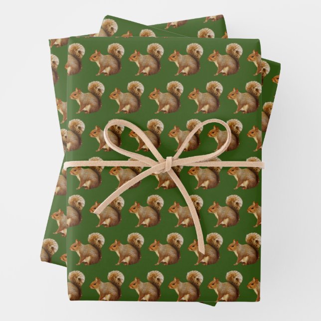 Woodland Vibes Squirrel Wrapping Paper Sheet (In situ)