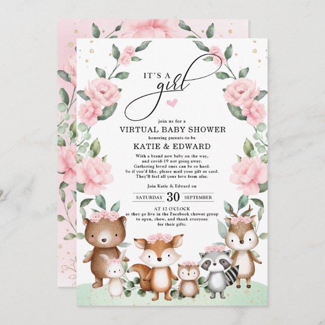 Woodland Virtual Baby Shower Blush Floral Animals Invitation (Front/Back)
