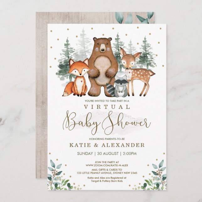 Woodland Virtual Baby Shower Forest Zoom Party Invitation (Front/Back)