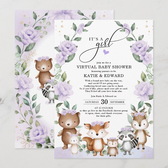 Woodland Virtual Baby Shower Purple Floral Animals Invitation (Front/Back)