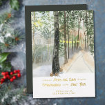 Woodland Walk Peace and Love Rustic Country Gold Foil Holiday Card<br><div class="desc">Watercolor scenic christmas card with luxury gold foil typography. Design features a peaceful landscape of country lane in winter with lantern lights and the soft glow of the sun. The wording reads "wishing you peace and love for Christmastime and the New Year" and the template is ready for you to...</div>