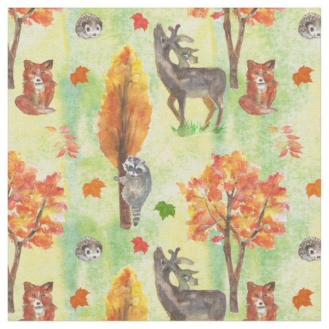 Woodland Watercolor animals Fabric (Close Up)