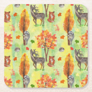 Woodland Watercolor animals Square Paper Coaster