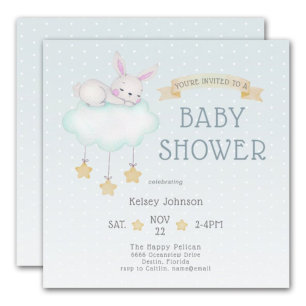Woodland Watercolor Bunny Light Teal Baby Shower Invitation