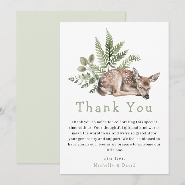 Woodland Watercolor Deer Baby Shower Thank You (Front/Back)