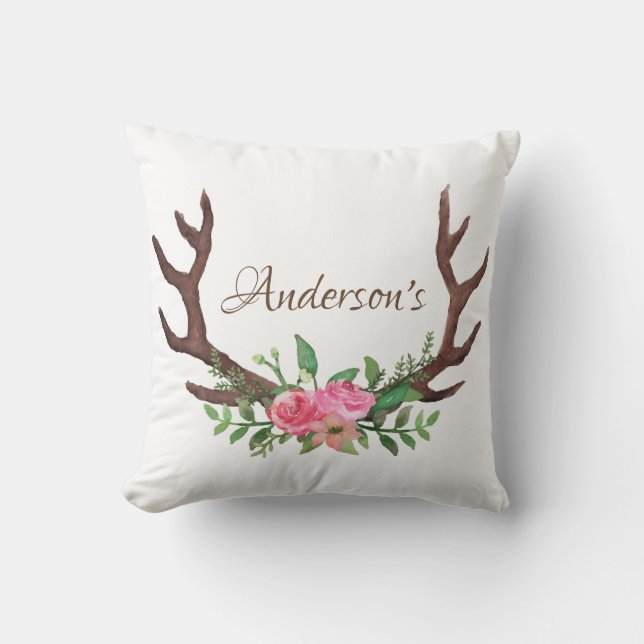 Woodland Watercolor Floral Rose Deer Buck Antlers Cushion (Front)