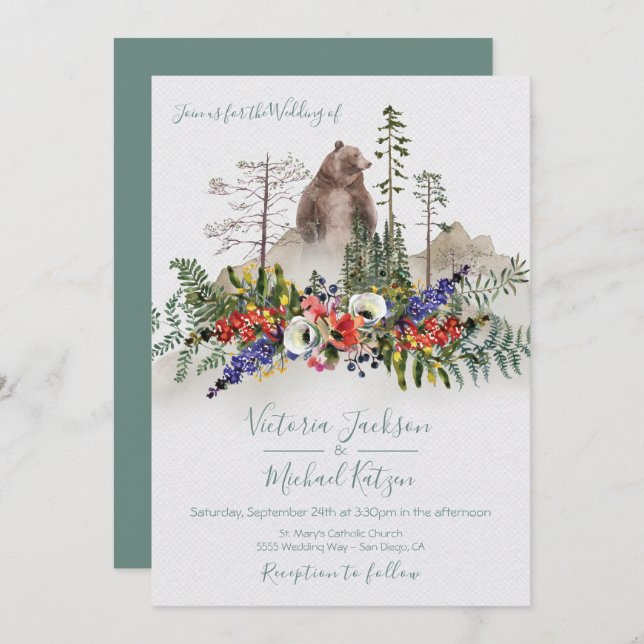 Woodland Watercolor Forest Bear Wedding Invitation (Front/Back)