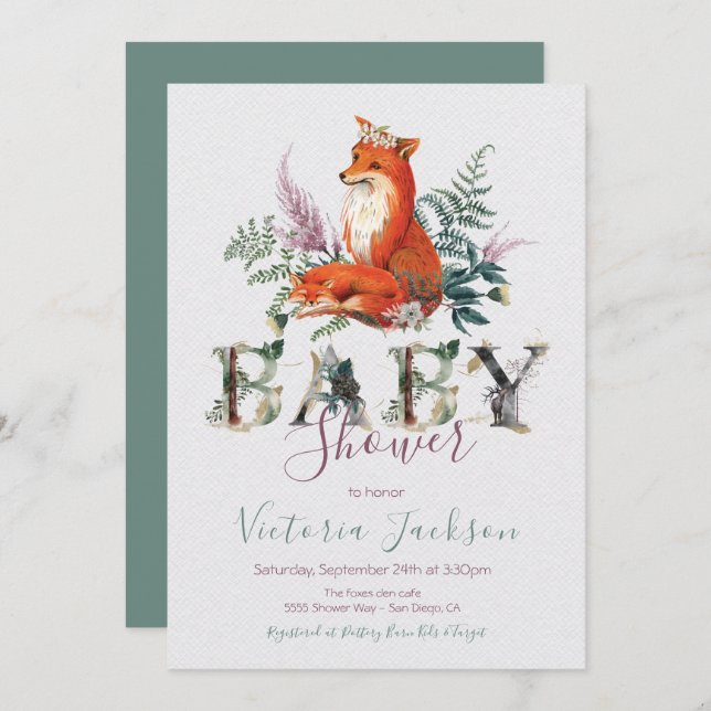Woodland Watercolor Forest fox Baby Shower Invitation (Front/Back)