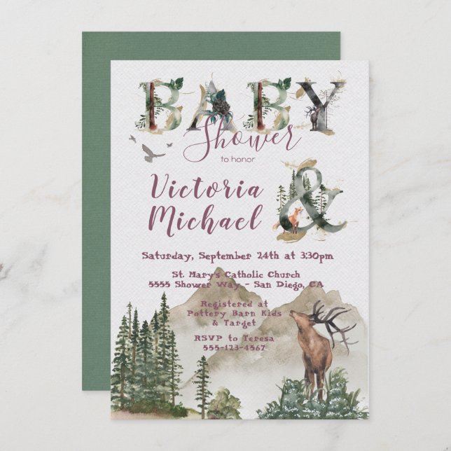 Woodland Watercolor Forest Mountain Baby Shower Invitation (Front/Back)