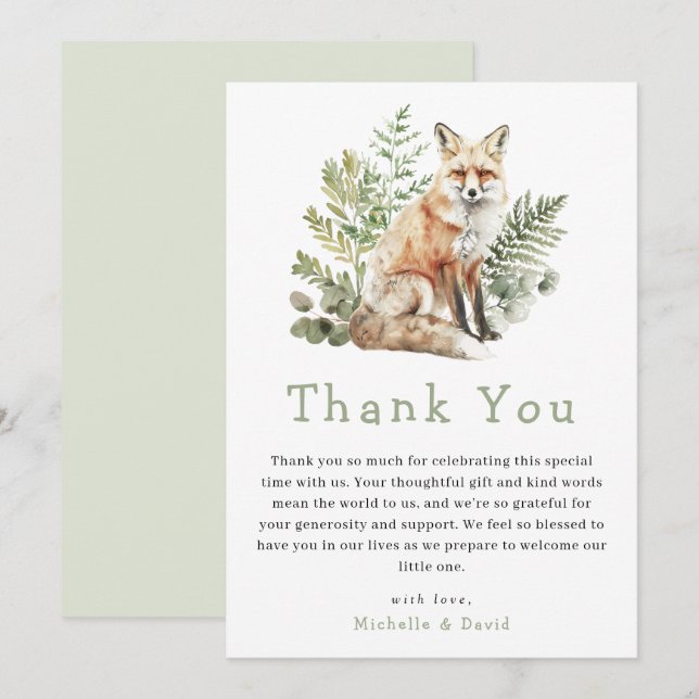 Woodland Watercolor Fox Baby Shower Thank You (Front/Back)