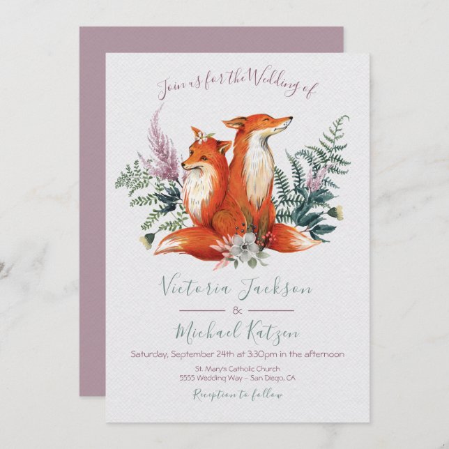 Woodland Watercolor Fox Wedding invitations (Front/Back)