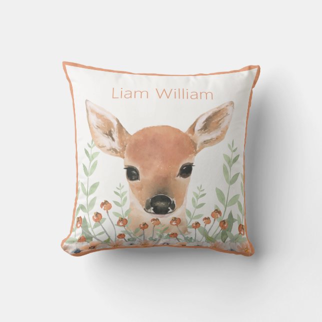 Woodland Watercolor Greenery Modern Name Deer Cushion (Front)
