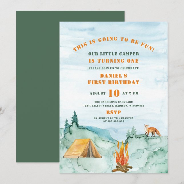 Woodland Watercolor Little Camper First Birthday Invitation (Front/Back)