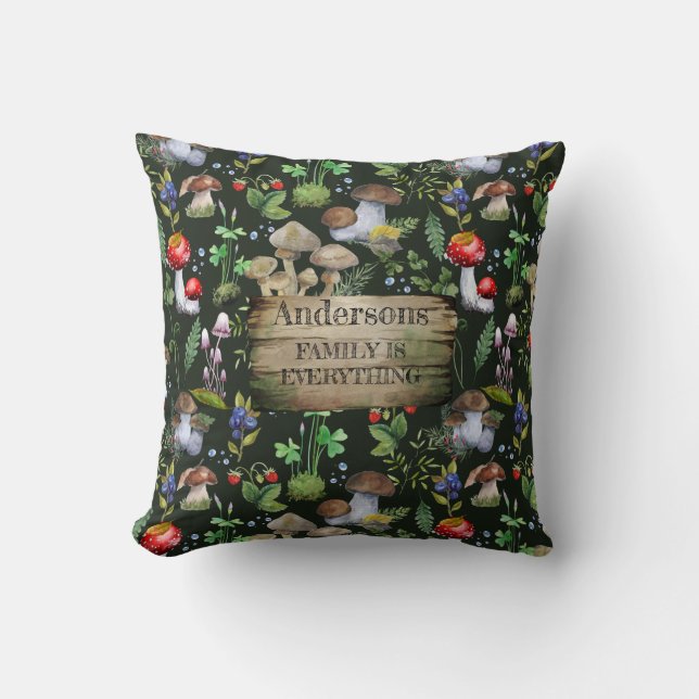 Woodland Watercolor Mushrooms Green Plants Berries Cushion (Front)