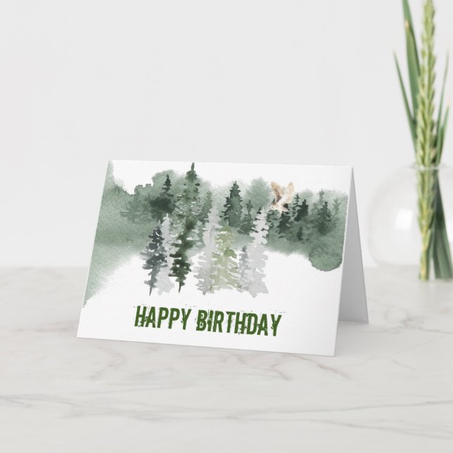 Woodland Watercolor Owl Birthday Card (Front)