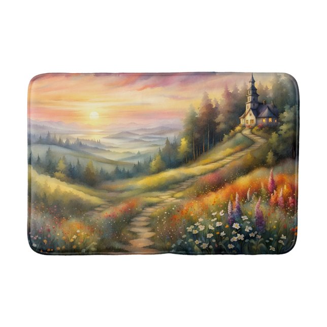 Woodland Watercolor Pine Trees Bath Mat (Front)