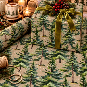 Woodland Watercolor Spruce Forest First Snow Kraft Wrapping Paper
