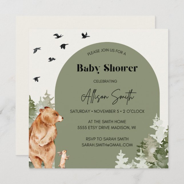 Woodland Watercolor Square Baby Shower Invites (Front/Back)