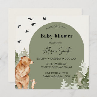 Woodland Watercolor Square Baby Shower Invites