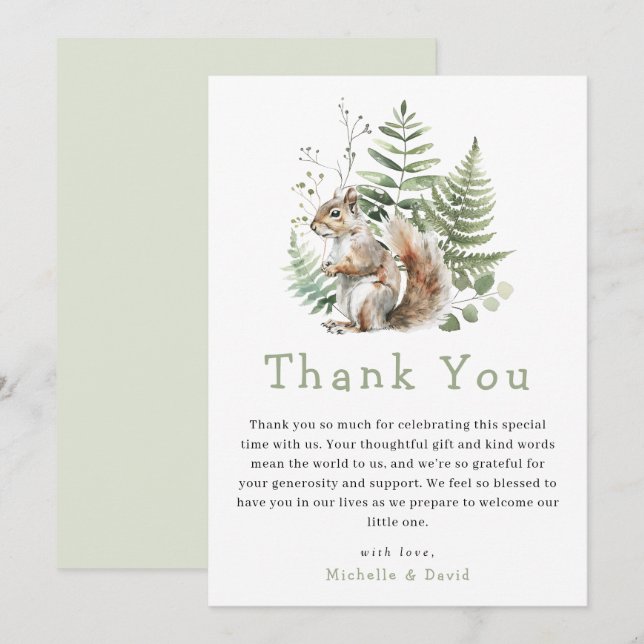 Woodland Watercolor Squirrel Baby Shower Thank You Card (Front/Back)