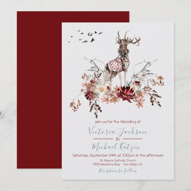 Woodland Watercolor Winter Wedding invitations (Front/Back)