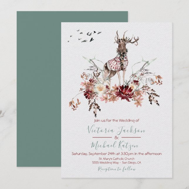 Woodland Watercolor Winter Wedding invitations (Front/Back)