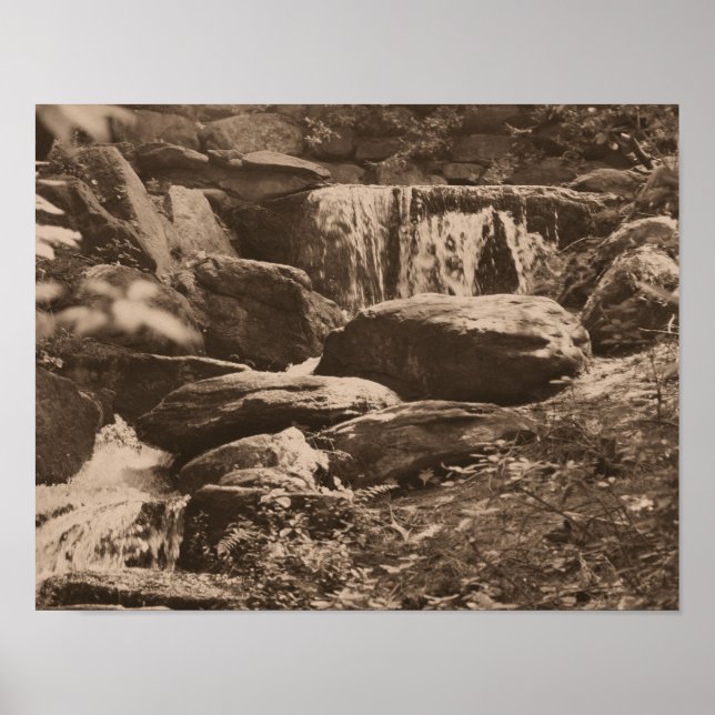Woodland Waterfall In Sepia Brown Nature Poster (Front)