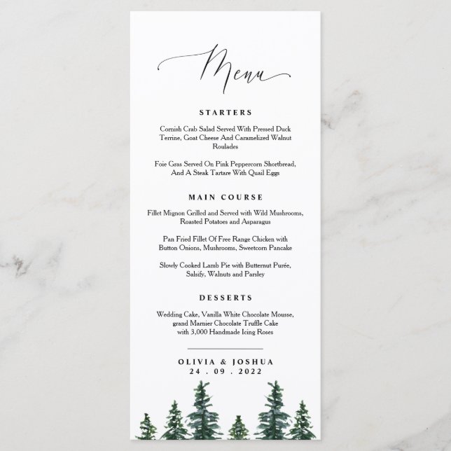 Woodland Wedding Menu, Pine Trees Menu (Front)