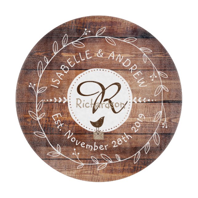 Woodland Wedding Monogram Wood Leaf Wreath Bird Cutting Board (Front)